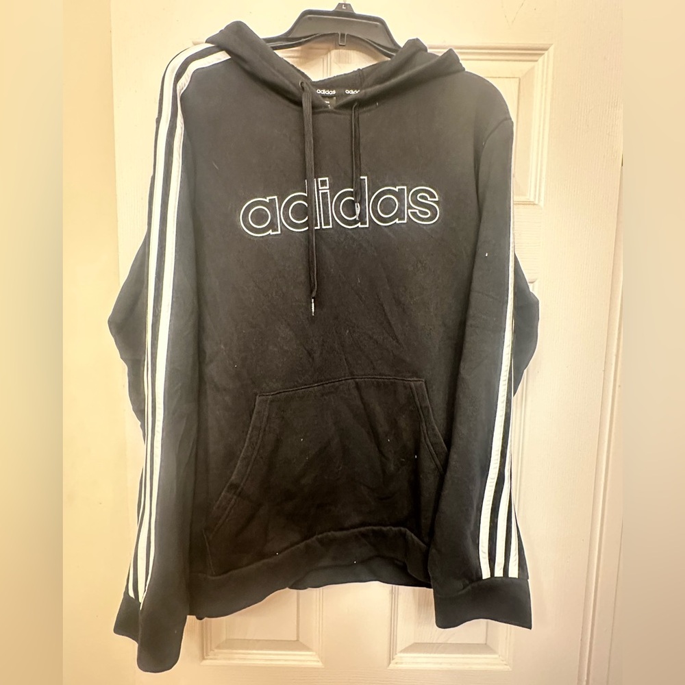 Adidas Men's Black Hoodie with White Stripes